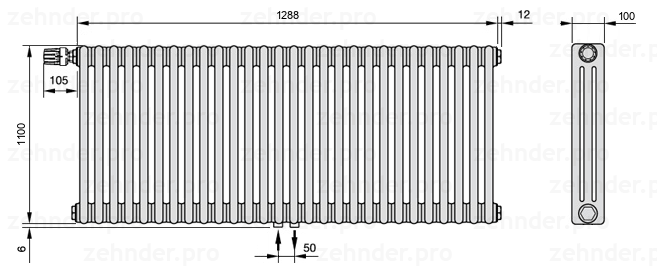 Схема (чертеж) Радиатор Zehnder Charleston 3110/28 №V007 Белый глянцевый RAL 9016